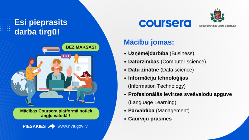 NVA sadarbība ar tiešsaistes kursu platformu Coursera pagarināta līdz 2028 gada 30 jūnijam