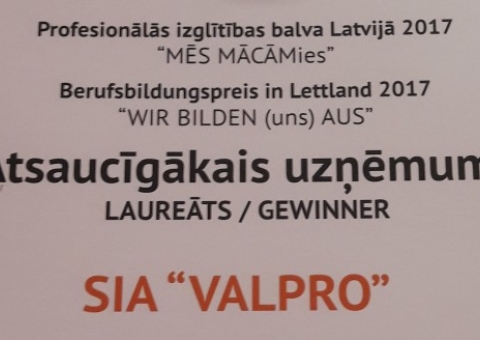 SIA Valpro iegūst Profesionālās izglītības balvu 2017