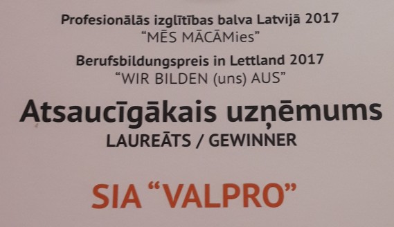 SIA Valpro iegūst Profesionālās izglītības balvu 2017