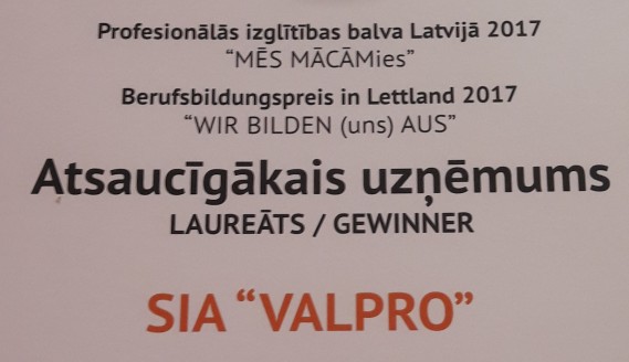 SIA Valpro iegūst Profesionālās izglītības balvu 2017